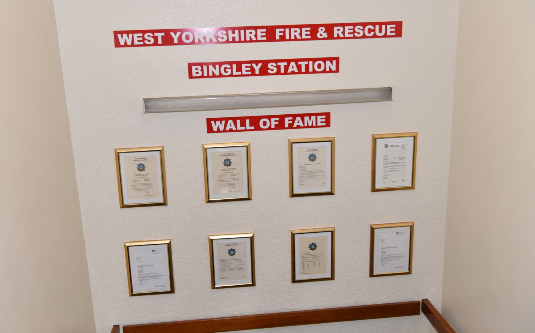 Wall of fame inside Bingley Fire Station. 