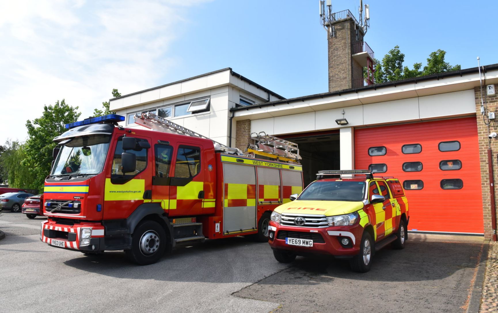 Fire engine and fire car in front of Wetherby Fire Station. 