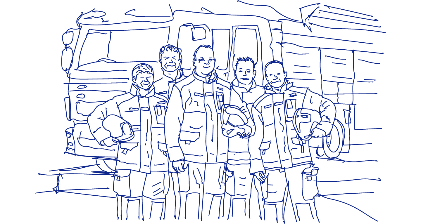 Line drawing of  staff and WYFRS fire appliances.