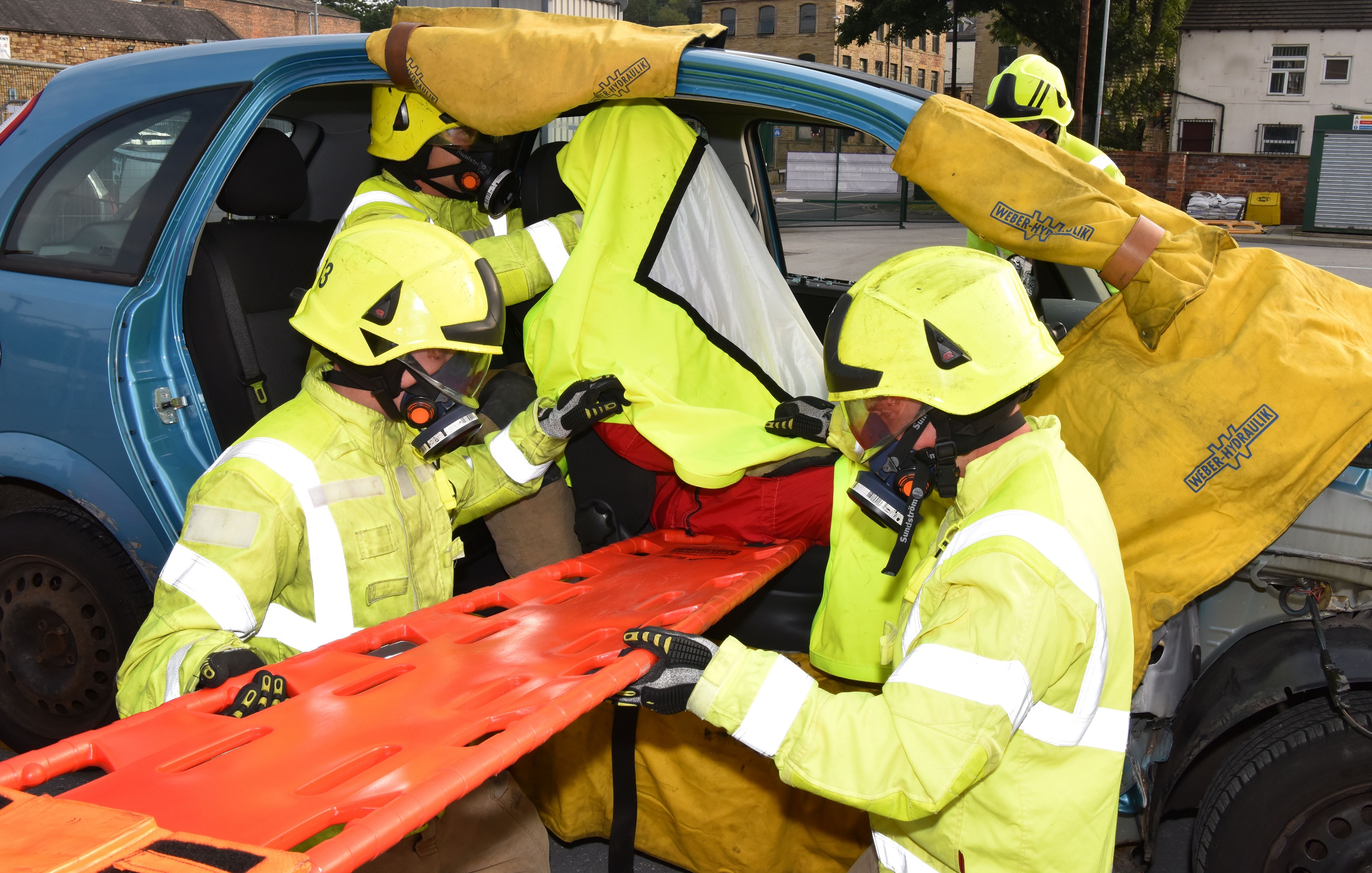 Photograph of crews training for a road traffic accident.