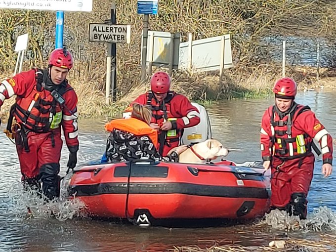 Photo of a flooding incident with specialist technical rescue crews from Bingley &amp; Rastrick assisted in welfare checks &amp; rescues from homes cut off by flood water. 