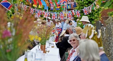 Street party with UK decorations and bunting